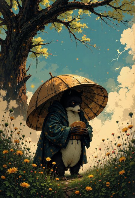 high quality, ultra detailed, colorful, fantasy, a digital painting depicting a cute, anthropomorphic hedgehog peeking out from behind a lush, green foliage adorned with bright yellow flowers, the hedgehog's fur is soft and fluffy, with darker patches on its face and ears, and its eyes are large and expressive, with a gentle, inviting smile, its small, round nose and small, pink and blue flowers are nestled under a large, brown, scalloped shell that covers its head, adding a whimsical touch to the scene, the background is a gradient of blue and white, with raindrops falling from the sky, creating a dreamy, ethereal atmosphere, the ground is covered in green leaves and the flowers are in full bloom, with some of them appearing to be dandelions, the texture of the illustration is detailed, with soft, realistic shading and highlights that give the image a three-dimensional quality, the overall style is whimsical and enchanting, with an air of enchantment and wonder, making it a captivating and magical piece of art<lora:Ethereal_Brush_Anime_v1.0.safetensors:1.0:1.0> <lora:Flux\MysticFantasy.safetensors:0.8:0.8>