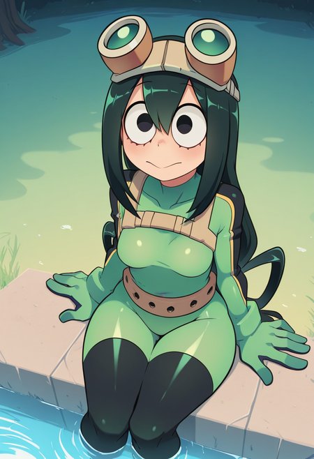 G4r0style, masterpiece,  best quality   solo,  Tsuyu Asui,  sitting in water, water pond,   big eyes, black hair, GREEN BODYSUIT, GOGGLES, small breasts, wide eyes,