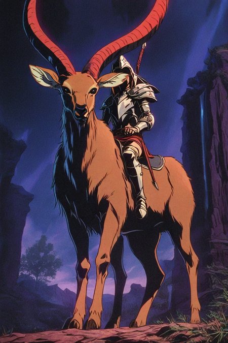 1boy, solo, alone, warrior, riding, deer, riding deer,  <lora:dark_fantasy_anime_illustriousXL:1>, dark_fantasy_style, dark fantasy, retro, masterpiece, highres