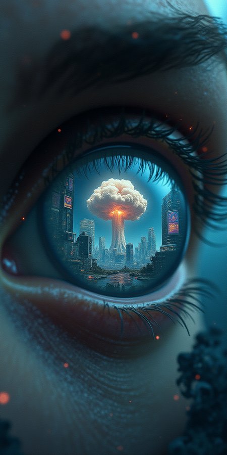 Create an image where the viewer is looking into a human eye. (man) In the eye's reflection, depict a futuristic and war-torn world. The landscape should be overrun with advanced AI technology, such as towering robots, autonomous drones, and dilapidated buildings covered in digital advertisements and holograms. The overall mood should be dark and dystopian, with a cold, metallic color palette and hints of destruction. The eye itself should appear a nuclear explosion but with a hint of artificial enhancement, like a glowing cybernetic iris