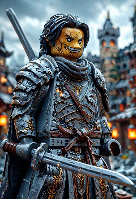 Close up shot of a armored Ninja tiger Lego warrior, Holding katana, wearing torned linen clothes and a used weathered old armor beneath, DARK feudal city background, Lknight, HD, masterpiece, best quality, hyper detailed, ultra detailed, super realistic