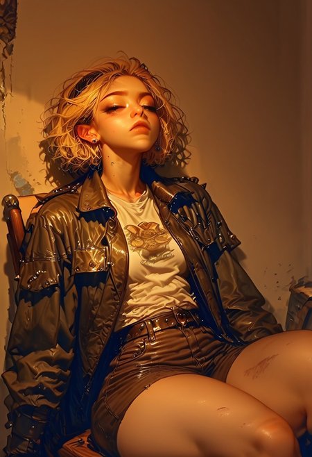 score_9, score_8_up, score_7_up, best quality, fine detail, digital painting, 1girl, solo, short blonde hair, cute, sitting in old chair, wearing leather jacket with spikes, wrinkled clothing, worn out tattered clothing, relaxing, carefree, melancholy, dirty room, very detailed background, gritty, peeling paint, amber lighting, deep shadows, vivid detail, interesting composition, 8K, UHD, goonstyle, em5588