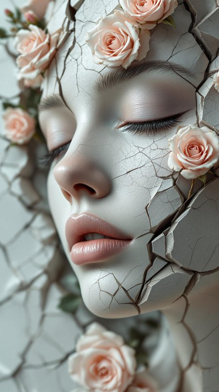 A woman's face, fractured and cracked, like weathered stone.  Soft, pale pink roses adorn the cracks in her face, growing from the crevices and nestled into her features.  Her eyes are closed, and her lips are slightly parted.  The cracked stone effect adds depth and texture.  Hyperrealistic style, focusing on the intricate detail and realistic rendering of the cracked stone, roses, and skin.   Pale gray and white colors dominate, with subtle variations in the shades to create a sense of depth and shadowing.  Natural lighting; a serene, almost melancholic aesthetic.  The roses are detailed, with soft shading and realistic petal shapes. The cracked stone effect creates a sense of fragility and beauty.