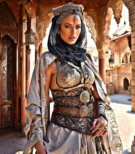 RAW photo, (masterpiece:1.3), subsurface scattering, heavy shadow, (high quality:1.4), (intricate, high detail:1.2), professional photography, HDR, High Dynamic Range, realistic, ultra realistic, photorealistic, high resolution, film photography, ambient lighting, atmospheric effects, <lora:detail_slider_v4:2>, OverallDetail,  Shalina, <lora:Shalina-10:1>, as female tuareg warrior, wearing intricate arabian robes and armor and a veil that covers the face, belt, arar, <lora:ArabianArmor-10:0.7>, in a street with arabian houses, arto, <lora:ArabianTown-10:0.8>,  <lora:cleavage:-1>, ((perfect hands)), epiCPhoto