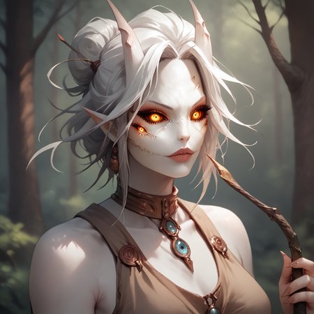 safe_pos, ,score_9, score_8_up, score_7_up, breasts, druid clothes, detailed face, high quality, Zamite, four eyes, horns, druid clothes, holding druid staff, Expressiveh,  solo, white skin, forest, dynamic pose, mythp0rt