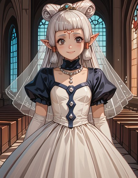 score_9, score_8_up, score_7_up, score_6_up, score_5_up, score_4_up, source_anime, 4K, (8K), best quality, (beautiful), (dynamic lighting), (super detailed skin), sharp focus, (1_girl, solo focus), masterpiece ,absurdres ,detailed face ,beautiful face , paya, elf ears, pointy ears, , high ponytail, 
blush,bride, wedding dress, bridal veil, white dress, tiara, pearl necklace, indoors, church, sunlight, light rays, (light particles), elbow gloves, white gloves, garter straps, white thighhighs, gothic architecture, pillar, arch, smile, closed mouth, blush, sweatdrop, wedding ring, wedding,
 Real light and shadow, anime face, 4k, 8k, wallpaper,epic, detail texture colored inner hair,ear breathing)))),((blue_eyes:1.3))),intricate eyes,beautiful detailed eyes,symmetrical eyes,big eyes:1.5,(((lustrous skin:1.5,bright skin: 1.5,skin ,shiny skin,very shiny skin,shiny body,plastic glitter skin,exaggerated shiny skin,illuminated skin))),(detailed body,(detailed face)),(((intricate outfit,intricate clothes,embroidered outfit,ornate outfit,embroidered clothes,ornate clothes))), (dynamic pose:1.0) (centered,scale to fit dimensions,Rule of thirds), (ultra detailed,extremely detailed),(photorealistic artwork:1.37),(extremely detailed CG unity 8k wallpaper),(((vibrant colors,vibrant theme))),(intricate),, embedding:OverallDetail, embedding:civit_nsfw, 1girl, perfectly flat chest, tiny perky tits