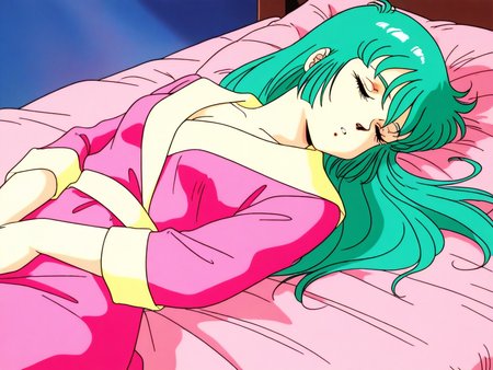 general,highres, ultra-detailed,very aesthetic,best quality ,best hands, BREAK <lora:Ciela_Lapana_gown_IS:0.8>
Ciela_Lapana(gown), 1girl, solo,  long hair, green hair, bangs, medium breasts,
pink gown, robe,
1980s (style), anime coloring,
sleeping, closed eyes, lying, parted lips, v arms,
bed,