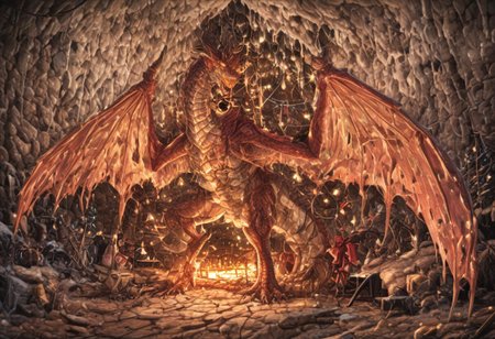 Dragon in Christmas cave, cave, festive cave, Christmas decorations, Christmas lights
(((Sparkling, Sparkly))) glowing dragon, christmas dragon, dragon wrapped in Christmas lights, glowing matrix, glowing Christmas lights, hyper realistic, photorealistic, HD, High detail, High detail eyes, high detail face, wings, glowing wings, light scales, glowing Christmas lights on wings, glowing light scales, tail, tail wrapped in Christmas lights, four legs, 
BREAK 
Snowy background