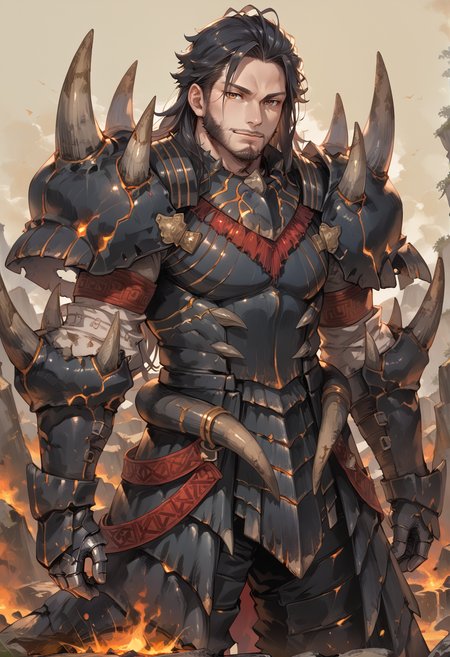 (score_9:0.9),score_8_up,score_7_up,rating_safe,anime style,(zPDXL),<lora:Akantor armor - male ponyXL v1:0.8>,akantor armor,solo,1boy,male focus,black shoulder armor,black gauntlets,brown eyes,looking at viewer,molten rock,muscular,mature male,beard,black hair,long hair,