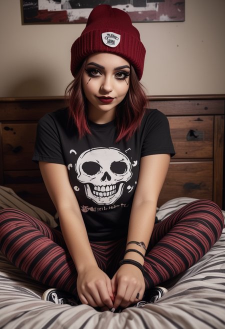 (medium full shot) of (enigmatic emo girl) young woman, curvy build, medium hazel retro hair, persian, tan skin, brown eyes, wearing a black graphic tee, striped leggings with grunge look, vans with skull prints, dark red lipstick, smoky eyeshadow, heavy eyeliner, beanie choker necklace, set in  a cozy bedroom, with warm lighting, dark-themed bedding, personal touches, and scattered books , during a storm, woman smiling, detailed face, ,Masterpiece,best quality, raw photo, realistic, very aesthetic