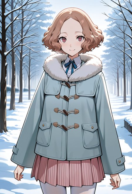 (masterwork, masterpiece, best quality, hyper-detailed),
1 girl, solo, 
p5haru, brown hair, short hair, wavy hair,
p5haru-wintercas, fur trim, fur-trimmed jacket, duffle coat, light blue duffle coat, neck ribbon, blue neck ribbon, pink skirt, white pantyhose, pink skirt,
outdoors, park, trees, cold, standing, looking at viewer, smile, cowboy shot,
