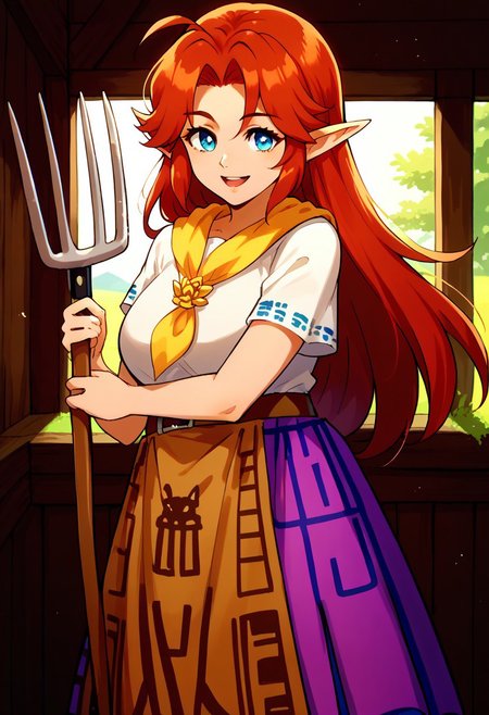masterpiece,best quality,score_9, score_8_up, score_7_up, score_6_up, source_anime, 1girl, solo,  <lora:malon-pdxl-nvwls-v1-000005:1> cremia, red hair, long hair, pointy ears,(gentle smile,open mouth),big breast,(white shirt, yellow neckerchief, short sleeves, belt, purple skirt, long skirt, brown apron),(cowboy shot),(hugging object,hugging pitchfork),(indoor,in stable,warm lighting)