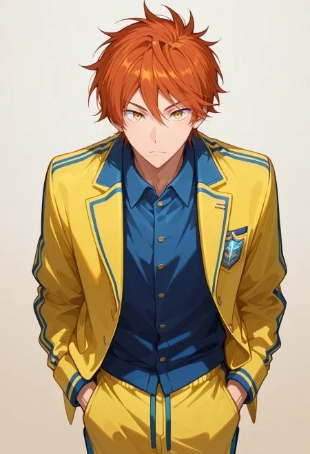 masterpiece, best quality, , , looking at viewer, 1boy, solo, male focus, <lora:momotarou_mikoshiba_ilxl:0.94>, momotarou_mikoshiba, orange hair, yellow eyes, , Denim Track pants, Piqué Abstract Linen blazer, , ,
