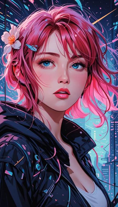 masterpiece, Shinkaistyle,
pinkretroanime, retro art,
Cyberpunk Style, cyberpunk, science fiction, hi tech, future tech, neon, (Cybernetics:1.25), (Neon Cityscape:1.4), (lineless:1.5), smooth edges, (lighten the face:1.5), tall body, slender body, fit body, long legs, In the center of the image, a young woman with striking red hair is captured in a moment of quiet intensity. Her gaze is directed off to the side, her face etched with a serious expression that hints at deep thought or introspection. The artist's use of color is particularly notable, with a vibrant contrast between the cool tones of her jacket and the warm hues of her hair, creating a visually striking focal point against the backdrop. The background is a blend of abstract forms and textures, with splashes of red and blue adding depth to the composition. The woman stands out prominently in this space, her presence commanding despite the absence of other figures. The lighting in the image casts soft shadows around her, highlighting the contours of her face and adding a sense of realism to the illustration. The overall mood of the piece is contemplative, inviting viewers to ponder the woman's thoughts and emotions as she appears lost in thought., 1girl, solo, long hair, breasts, looking at viewer, short hair, open mouth, bangs, blue eyes, shirt, hair ornament, cleavage, medium breasts, jacket, white shirt, upper body, pink hair, flower, sidelocks, red hair, parted lips, open clothes, teeth, hairclip, hair flower, hood, medium hair, from side, open jacket, lips, black jacket, parted bangs, looking to the side, eyelashes, makeup, floating hair, halo, bug, feathers, lipstick, butterfly, portrait, high collar, eyebrows hidden by hair, pink lips, realistic, nose, butterfly hair ornament, red lips, hair behind ear, wing hair ornament, fish hair ornament