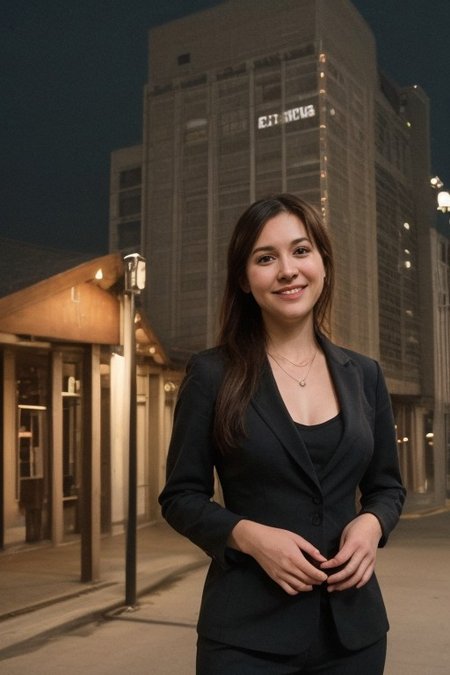 30yo American woman wearing bussiness suit with an American pin on chest.
Holding a flag.
Dark black smooth long hair ponytail. smiling.
Looking at camera.
Dynamic varying pose.
Outside bussiness. Night time,  
Night time, dark.