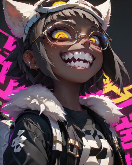 <lora:Punk_Anime_XL:1>,
smile, mole, black jacket, heterochromia, tinted eyewear, half-closed eyes, ear piercing, o-ring, fur trim, glowing, glowing eyes, shirt, backpack, pointy ears, white shirt, skirt, black serafuku, yellow background, bangs, dark skin