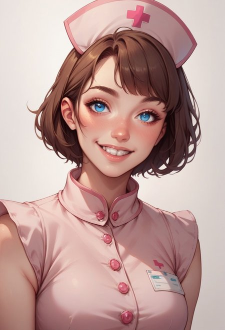 score_9, score_8_up, score_7_up, score_6_up,best quality anime, intricate details,
girl, puffy belly, deep blue eyes, nose blush, brown hair short hair with fringe,
wearing pink nurse dress with nurse cap,
dark blank background, 
top view, closeup shot, smile, teeth, posing