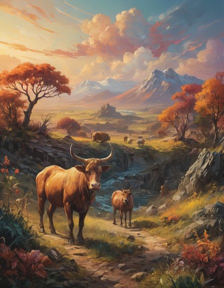 expressive animals, landscape with Atmospheric Perspective, multicolored background, Ornate, masterpiece,  <lora:Astigmatism_-0.5b:0.33>,  <lora:add-detail-xl:2> <lora:bb3l15:1> bb3l15