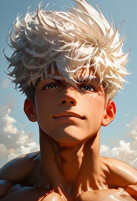 score_9, score_8_up, score_7_up, source_anime, 1boy, male focus,  close up portrait, portrait, face focus, side view, cute smile, happy smile, detail background, white hair, gray eyes, skinny muscular, ((black skin)), ((dark skin)), white eyebrows, beefy bodybuilder.
twink, bodybuilder. sexy face, blushed, cute face. defined body, toned body. massive muscles, 
cute expression, groping self, hyper detailed, analog photo, Cinematic, white tank, beach background