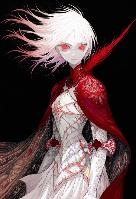 solo, looking at viewer, red-colored eyes, black background, 1woman, long white hair, extremely pale skin, serious, all white armor (pure white), vibrant long red cloak, masterpiece, best quality, very aesthetic, absurdres
 <lora:monfornoob:0.95>