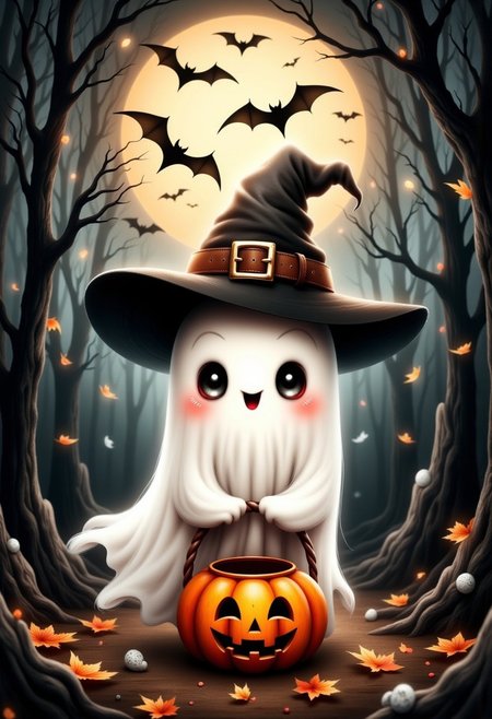 Whimsical, illustrated Halloween-themed image featuring a cute ghost character. The ghost is depicted with a friendly expression, having large, round eyes and a stitched smile. It wears a tall, pointed witch's hat adorned with a brown belt and gold buckle. The ghost holds a pumpkin-shaped basket with a carved jack-o'-lantern face. The background is a dark, eerie forest with leafless trees and scattered autumn leaves. A large, glowing full moon illuminates the scene, casting a warm light. Several silhouetted bats fly across the moon, enhancing the spooky atmosphere. The color palette consists of muted earth tones, with shades of brown, orange, and gray, creating a cozy yet mysterious ambiance.