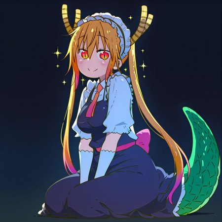 masterpiece, best quality, simple illustration, Tohru, Tohru_(Maidragon) , full body, solo, dark background, sparkles, vivid colors,  tail ,happy, sitting, Main Outfit, looking to viewer