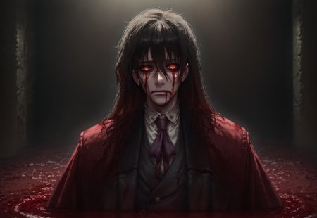 (score_9:0.9),score_8_up,score_7_up,rating_safe, anime style,(zPDXL), alucard \(hellsing\), red eyes, black hair, long hair, empty eyes, red coat, red ascot, white shirt, black vest, blood stained clothes, ((closed mouth)), BREAK
pond of blood,Reflections,bloody tears,Blood Bath,reflected in pond,reflected in blood, BREAK
Dark room, sitting curled up, curled up,