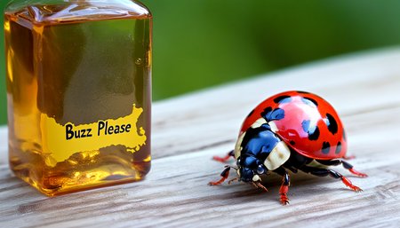 alien liquid ladybird, sign with text "buzz pleaseâ