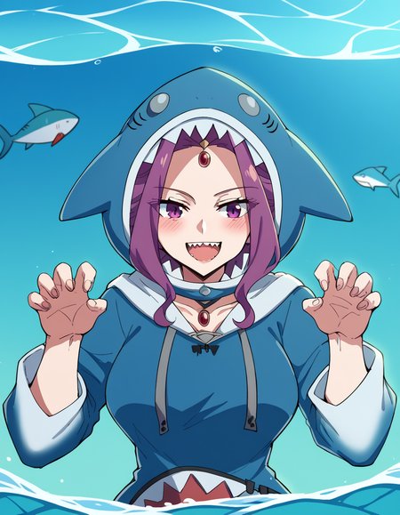 score_9, score_8_up, score_7_up, source_anime, <lora:mirelia-q-melromarc-s1s2s3-ponyxl-lora-nochekaiser:1>, mirelia q melromarc, purple hair, purple eyes, large breasts,, <lora:gawr-gura-cosplay-ponyxl-lora-nochekaiser:1>, gawrguracosplay, gawr gura (cosplay), shark hood, shark costume, blue hoodie, shark tail, animal hood, fish tail,, outdoors, ocean, water, submerged, smile, blush, paw pose, open mouth, fangs, sharp teeth,, , dutch angle, cowboy shot