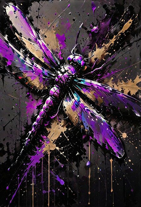 dynamink dragonfly metallic purple ink on a solid black background, expressive, <lora:dynamink:1>,