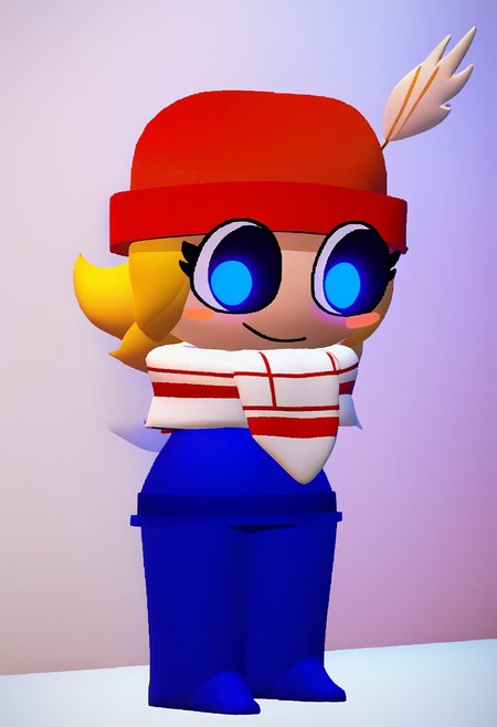 score_9,score_8_up,score_7_up, score_6_up, source_cartoon, g0th1c, glowing, neon lights, glowing eyes, Expressiveh, BREAK, Bambisona style, 3d, 3d art, beautiful, masterpiece, (cartoon), round head, bright colors, 1girl, cylinder legs, light-skinned, light skin female, red beanie, beanie, scarf, red stripped scarf, white scarf, hat, red hat, feather hat, golden feather, blue shirt, blue pants, beanie, blue eyes, full body, short hair, tied hair, blonde, feather on hat, chibi, large eyes, blush stickers, smiling, short female, cowboy shot, white room, white floor, white walls, paintings on walls, chairs, table, shortstack