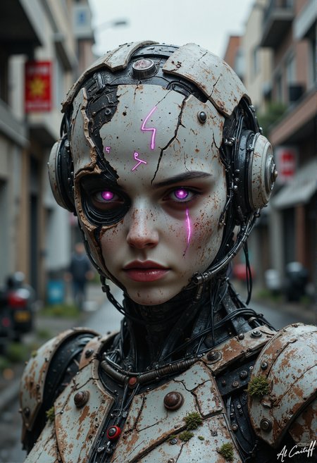 Amidst the decaying concrete of a forgotten alley, a forsaken humanoid machine stands eerily stillâits face a shattered ceramic shell, the left side revealing a cavernous industrial eye socket pulsing with sickly magenta light, while the right remains a smooth, featureless void save for a thin slit of a mouth frozen in eternal silence. Exposed circuitry weaves across its torso like cybernetic veins, some wires severed and sparking intermittently, others swallowed by creeping emerald moss that festers at its joints. Behind its back, its hands clench into fists, knuckles of rusted hydraulics whining faintly with suppressed motion. Across its fractured visage, neon glyphs flicker erraticallyâglitching between Cyrillic warnings and fragmented kanjiâas if the machine is trapped in a loop of dying thoughts. Above, the sky churns with impending storm, the first cold droplets of rain hissing as they strike its overheating chassis. This is no guardian. This is something that was left behind., fg<lora:Flux/Stylized-Super-Texture.safetensors:0.5000000000000001:0.5000000000000001> <lora:Flux/It's a LoRA for portraits, BUT! actually specialized in backgrounds. v1.0.safetensors:0.25000000000000006:0.25000000000000006> <lora:CustomFlux/MysticRealism.safetensors:0.7500000000000001:0.7500000000000001>