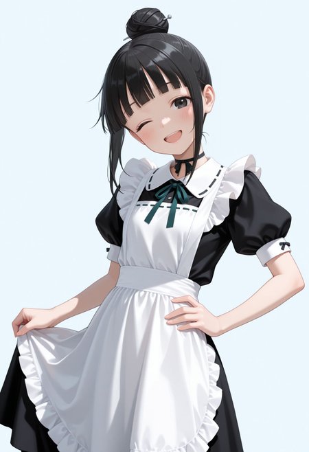 masterpiece,best quality,absurdres,highres,very aesthetic,high quality,detailed,insanely detailed,beautiful,perfect lighting, looking at viewer, hand on hips,smile, open mouth, light blue background,one eye closed, very awa
 upper body 
 <lora:Mokuren illu:1> 1girl, single hair bun, white background, simple background, black hair, puffy short sleeves, black dress, open mouth, white apron, smile, sidelocks, looking at viewer, black eyes, puffy sleeves, maid, ribbon choker, skirt hold, blush, :d, alternate costume, ribbon trim, head tilt, neck ribbon, hair ornament, blunt bangs