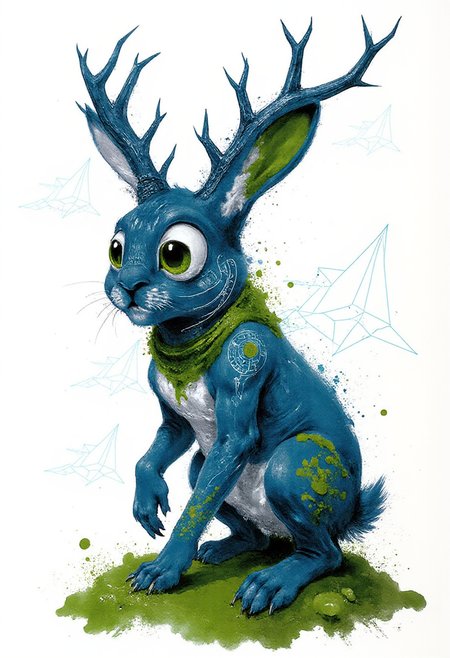 Digital drawing that combines elements of surrealism and modern art. The central figure is a stylized, three-dimensional representation of a wide-eyed ghostly rabbit with tangled antlers and mossy fur, with striking details rendered in various shades of cobalt blue and moss green
CreeepyCuteMagic