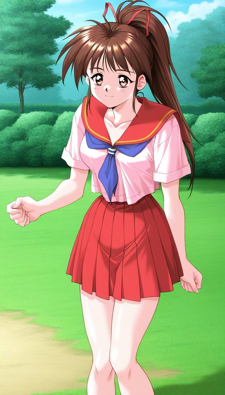 general,highres, game cg, ultra-detailed,very aesthetic,best quality ,best hands,  BREAK  <lora:Tanaka_Misa_IS:1>TanakaMisa, 1girl, brown hair,brown eyes, ponytail, long hair, breasts, hair ribbon, medium breasts,
school uniform, serafuku, red skirt, pleated skirt,  1990s (style), takei masaki style,
outdoor,  grass,