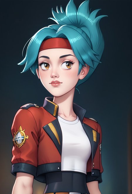 score_9, score_8_up, score_7_up, score_6_up, PRSNL_3_1, uncensored, pupils black dots, lips,
upper body, best quality, masterpiece, 4k, realistic, warm light,
1girl, solana, blue hair, ponytail, brown eyes
headband, cropped jacket, open jacket, red jacket, fingerless gloves, belt, shoes, thighhighs