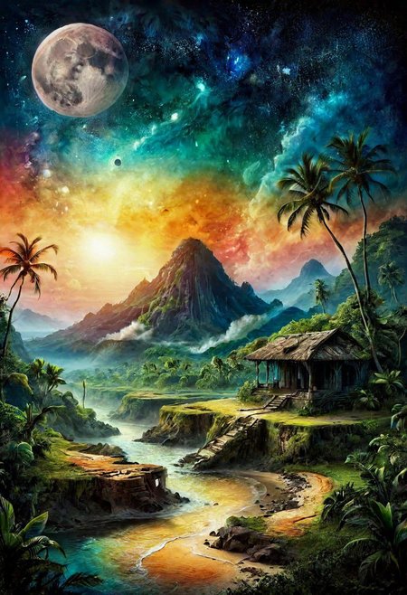 Concept Art, (masterpiece: 0.3) high detailed, bright natural lighting, shadows, high contrast, a tropical island in alien planet, two big moons in sky, with alien look jungle in different colours,  ancient ruins of the lost civilization which jungle is coverin, picture to ruins which are covered morning light from trough trees sunrise, trees, vines, overgrown, ink stains, ink splatters, ink runs, ink spots, faded ink,ral-dissolve, linquivera, liiv1, on parchment
