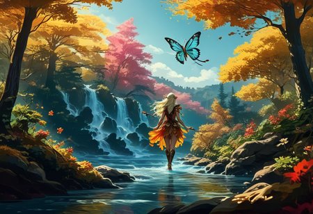 impactful color paint, highly detailed, of a cute flying elven women with butterfly wings, she is flying like a dragonfly over a lake with a beautiful waterfall in the background, dressed only very barely in some skimpy clothing made of leaves and bushes. The whole scene takes place in a dense fairytale forest with huge, colorful mushrooms instead of trees. The air is filled with magic and a light glitter.  <lora:Modern_Cartoon_Style:0.4>,  vibrant colors , 8k,   sharp,  professional, clear,   high contrast, high saturated, , vivid deep blacks, crystal clear