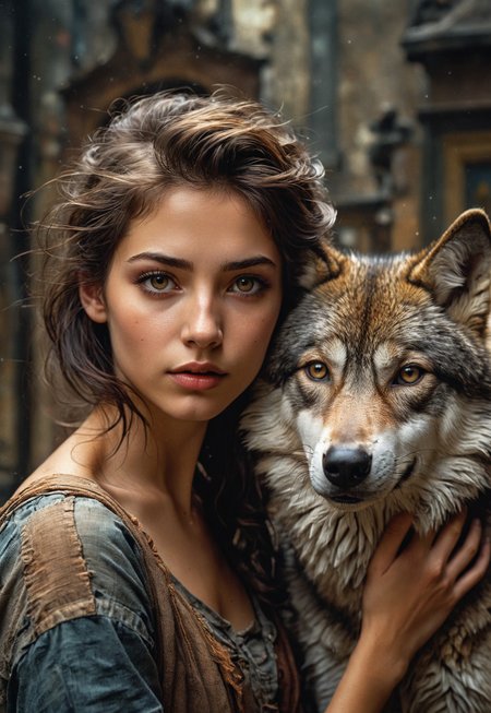 highly detailed and hyper realistic photo, by Phil Jimenez , by A.J.Casson , by Eugene Galien-Laloue , a hyper detailed portrait of a young model and a wolf , in the style of  etheral luminoscope, limited dark palette, unusual dark colors, faded colors, atmospheric haze, highly dramatic cinematic lighting, motion blur, film grain,  professional, excellent composition, finest details, maximized details, ultimate detail level, masterpiece, best quality