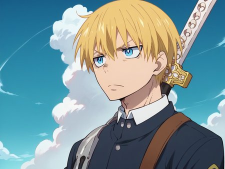 score_9, score_8_up, score_7_up, score_6_up, score_5_up, <lora:fforceXLP:1> fforce, 1boy, blonde hair, male focus, blue eyes, school uniform, gakuran, weapon, solo, sword, sky, cloud, day, blue sky, weapon on back