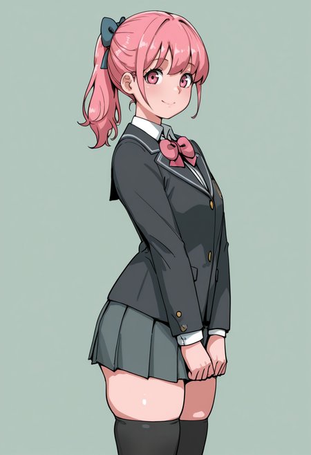 masterpiece, best quality,
 <lora:DewRayLomo:1> D3wR4yL0m0,  1girl, solo,standing,looking at viewer, happy, closed mouth,pink hair, ponytail, pink eyes,school uniform, bow, long sleeves, skirt, skindentation, thighhighs,