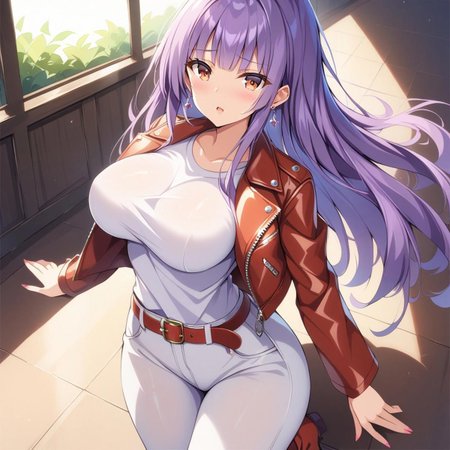 score_9, score_8_up, score_7_up, source_anime BREAK,《masterpiece》, 《best quality》, 《ultra-detailed》, ((very high quality and very detailed quality, high lighting)),  ((very high detail 8k, hyper-realistic lighting and detailed 4k, extremely detailed anime-style shadow contrast)), expressive eyes, perfect face, (solo),
1girl, purple hair, shorter bangs styled in a hime cut, long hair, brown eyes, large breasts, wide hips, (white short t-shirt, leather jacket), ((white jeans, red boots)), jewelry, earrings,