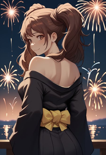 anime, masterpiece, best quality, newest, from behind, solo, 1girl, r1sedef, smile, looking back, long hair, brown hair, twintails, brown eyes, japanese clothes, black kimono, off shoulder, yellow sash, earrings, bare shoulders, outdoors, night, fireworks
<segment:yolo-Anzhc Face seg 640 v2 y8n.pt,0.4,0.5//cid=1>