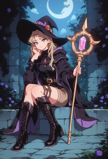 score_9, score_8_up, score_7_up, score_6_up, score_5_up, detailed background, witch girl, brown shorts, roll out, boots, jacket, magic staff, looking at viewer, (full body:1.3), pikaole