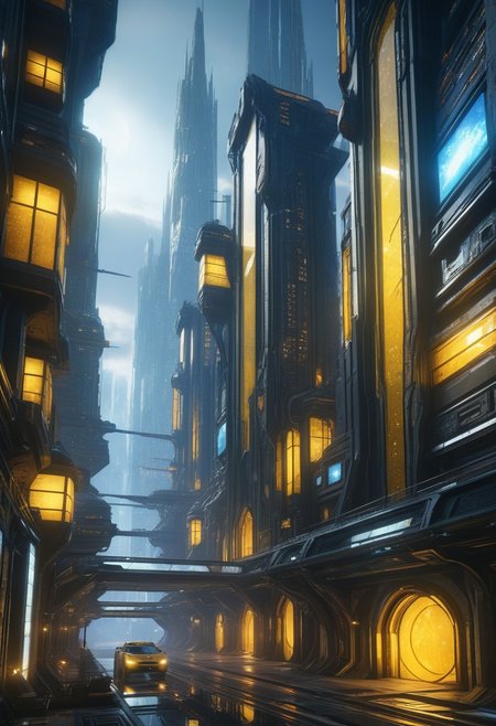 Midnighty, small colorful scifi future city, 
score_9, score_8_up, score_7_up, score_6_up, score_5_up, score_4_up, UHD, 8K, masterpiece, detailed, ultra_high_resolution, lots of detail, OverallDetailXL, detailxl, Sci-fi Environments, epiCPhotoGasm-colorfulPhoto, blackswan, stained glass, ultimate, magical lighting, broken glass, mirror, yellow crystals,