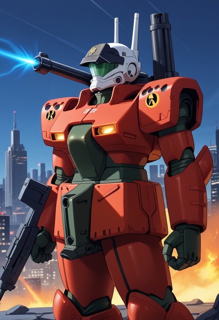 score_9, score_8_up, score_7_up, source_anime, cowboy shot, side view, BREAK, ( guncannon_mass_production_type, looking to the side, one shoulder cannon deployed, one shoulder cannon stowed, arms by sides, holding rifle, energy flare on shoulder cannon, firing shoulder cannon, clenched fists, TH symbol on shoulder, 6 on shoulder, ) 1mech, mech focus, solo, BREAK, cityscape, night time,