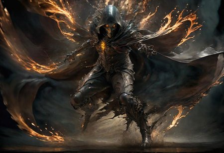 ((masterpiece)), ((best quality)), ((detailed)), Unparalleled, ((Enchanting)), ((Impressive)), Fantasy, Warlock of Shadows, Cloak, Darkness, Concept art, Visual representation, Artwork, Cinematic lighting, Evocative lighting, Mood lighting, Filmic illumination, F/1.8, Wide aperture, Low-light photography