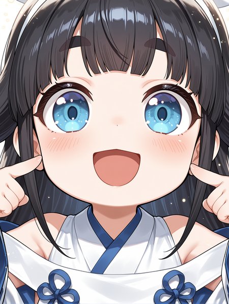 chibi,shinonome the vaylantz priestess,1girl,solo,looking at viewer,open mouth,blush,upper body,bare shoulders,smile,white hairband,white ribbon-trimmed sleeves,white sleeveless kimono,white breast curtain,thick eyebrows,upper body,bare shoulders,triangle mouth,close-up,pointing at self,simple background,white background,
masterpiece,best quality,amazing quality,very aesthetic,absurdres,newest,scenery,extreme detail,8k,light particles,soft lighting,volumetric lighting,intricate details,finely detailed,detailed eyes,<lora:Shinonome the Vaylantz Priestess illusXL v1.1:0.75>,