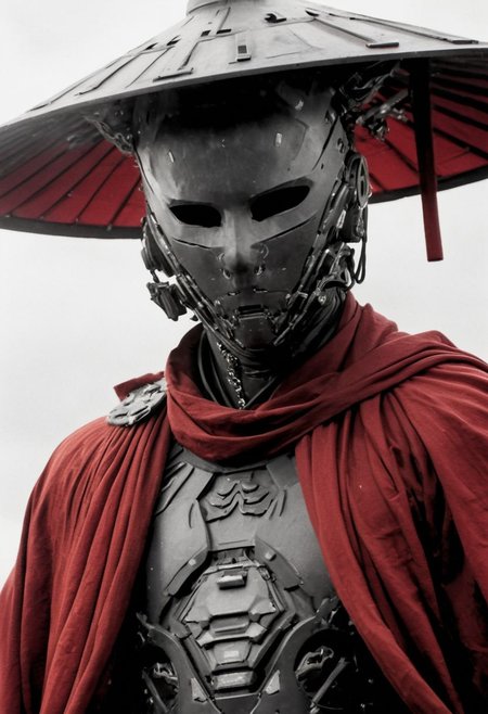Capture the essence of transcendence and power in the stillness of a cyborg samurai resembling hannibal leckter meditating atop the wing of a colossal airborne carrier, piercing through the fluffy dense clouds. dark moonlit sky, Cloaked in sun-bleached linen, adorned with a towering translucente sss sedge hat veiling his face, his metallic intricacies faintly aglow in translucent dark red, amidst a world of ethereal heights and serenity. Long Cape in Wind, 
., atmospheric haze, Film grain, cinematic film still, shallow depth of field, highly detailed, high budget, cinemascope, moody, epic, OverallDetail, 2000s vintage RAW photo, photorealistic, candid camera, color graded cinematic, eye catchlights, atmospheric lighting, imperfections, natural, shallow dof