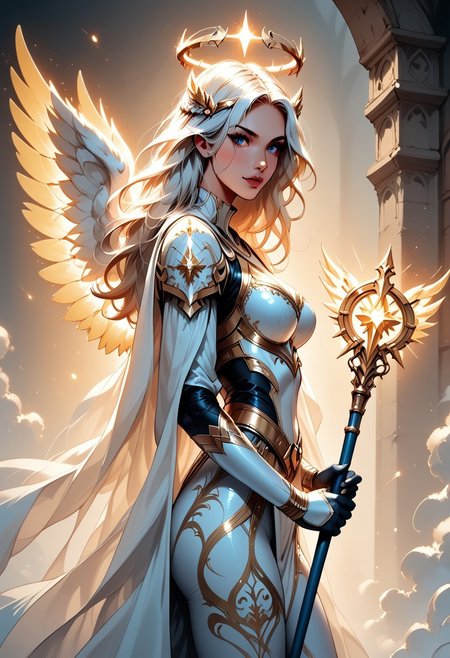score_9, score_8_up, score_7_up, (Western Comics), a full body image of a sexy mechangel girl, caucasian, seductive, (glowing wings), solo, glowing armor, glowing halo, glowing mechanical 4 wings (hyperdetailed:1.15), detailed, light passing through hair, (ultra detailed, high quality texture), (sharp), (artistic image), 32K, 4K, ULTRA HD, small waist, large breasts, tight white bodysuit with, crop: -5, (3/4 portrait), wide view, ((her whole head and hair is visible)), zoomed out, ((wings completely visible)), (wings uncropped), (from thighs and up), wings folded along her body, cowboy shot, angelify, (monochrome background), (nothing in background), plain background, Long white flowing hair, viking hairstyle, (wings fully visible), ((holding a glowing Magic Scepter upright with both her hands)), (her backside turned towards the viewer), Spell Casting,  Frost spell